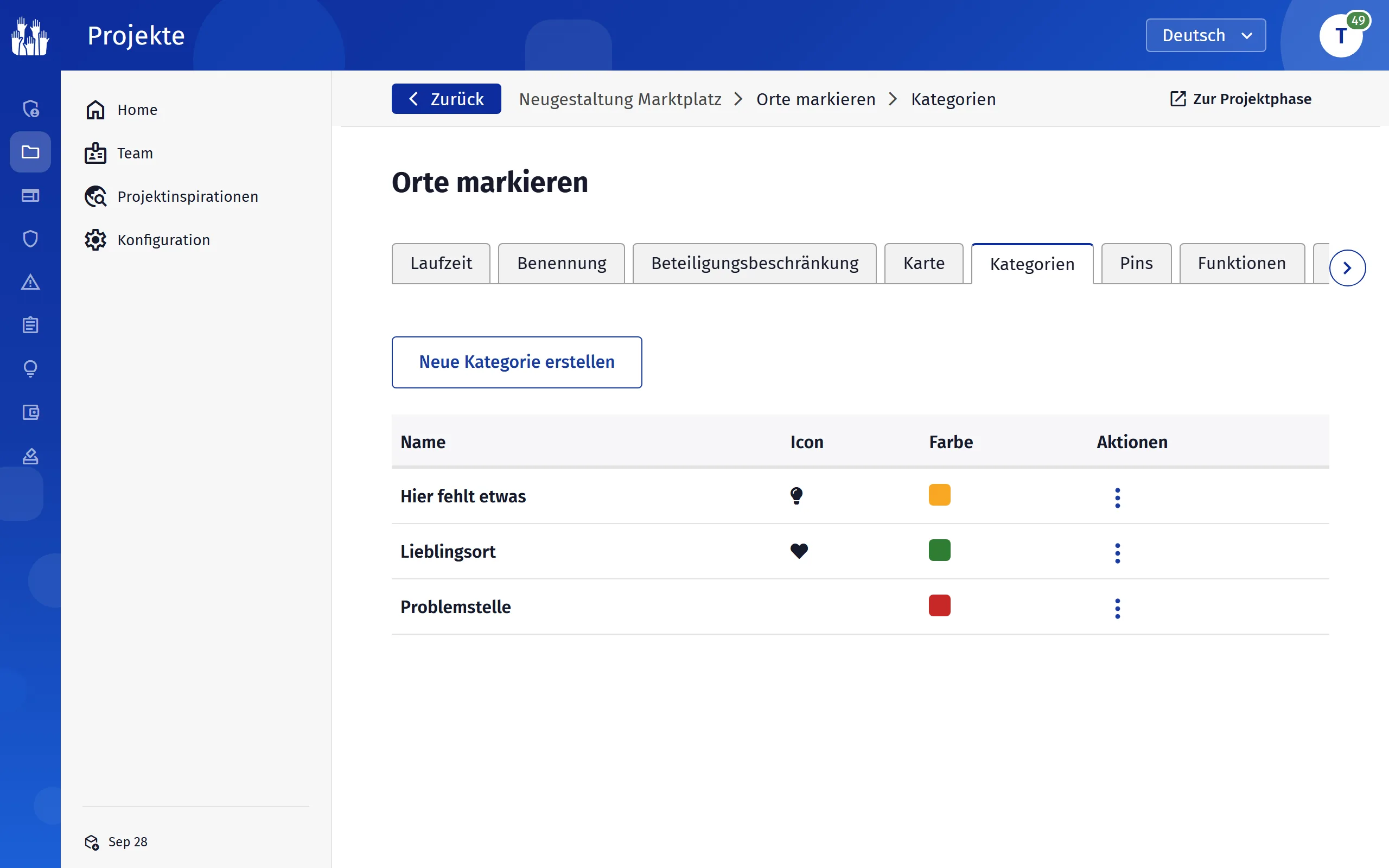 Reiter „Kategorien“ einer Phase „Orte von Interesse“ mit drei Kategorien, Icon und Farbe